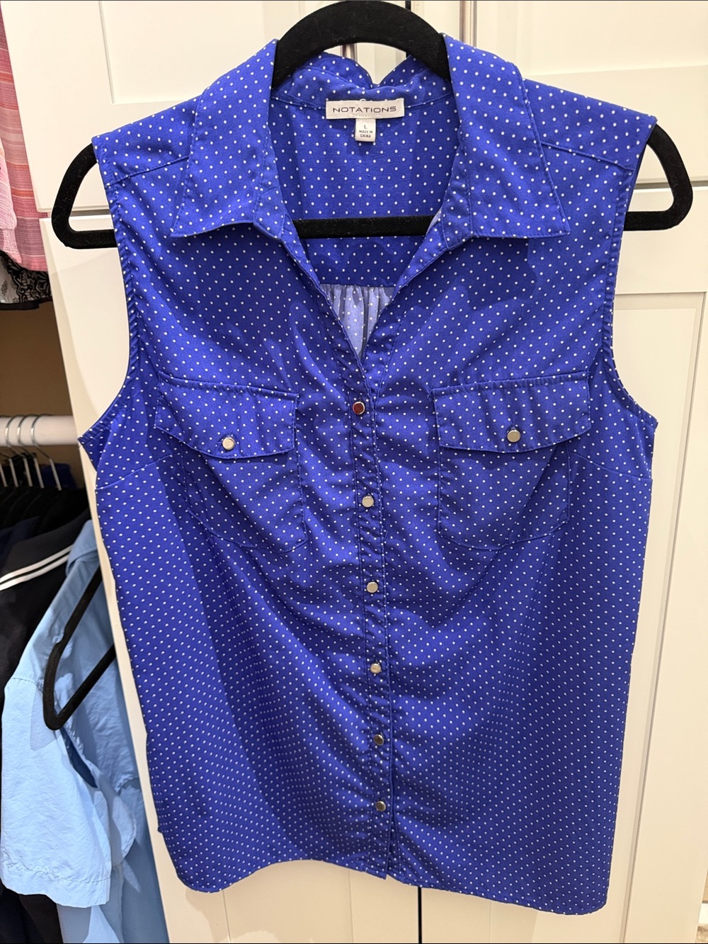 Notations Royal Blue Sleeveless Button-Front Polka Dot Shirt